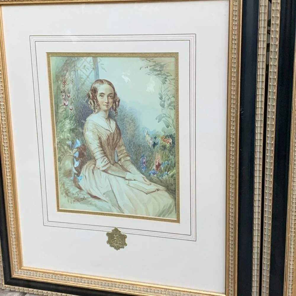 Antique Framed Art Print Portraits set of 2 women men Victorian gold leaf black‎